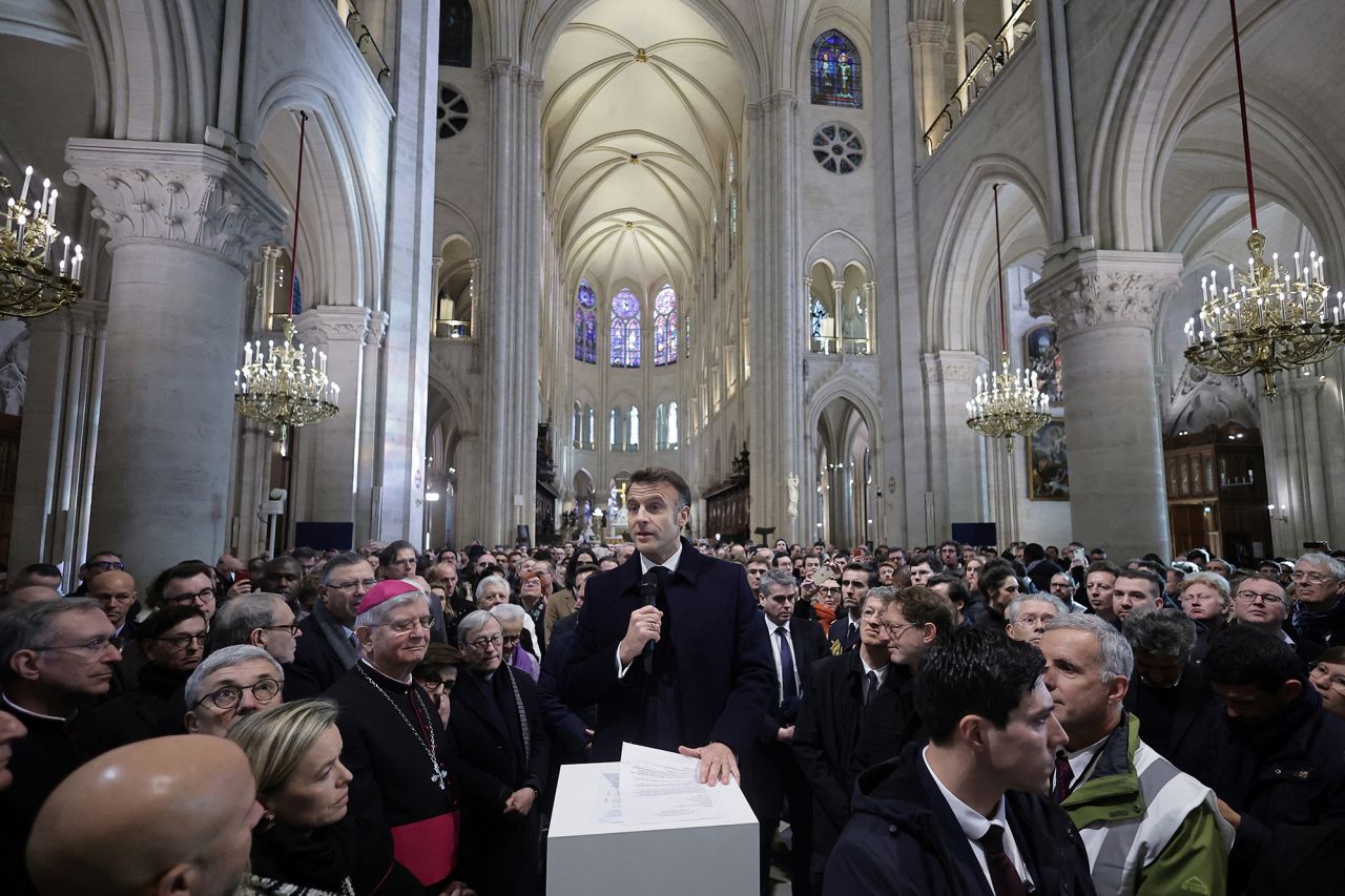 French President Emmanuel Macron delivers a speech during a visit to Notre Dame cathedral in Paris, France, on November 29.