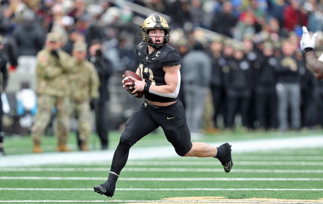 Nov 30, 2024; West Point, New York, USA; Army Black Knights quarterback Bryson Daily (13) runs with the ball against the UTSA Roadrunners during the first half at Michie Stadium. Mandatory Credit: Danny Wild-Imagn Images