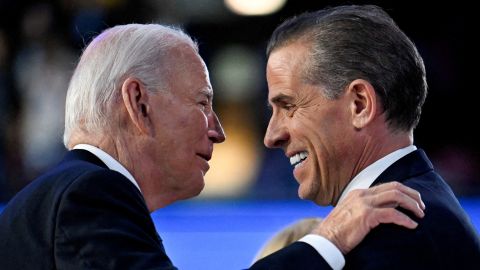 President Joe Biden greets his son, Hunter, at the Democratic National Convention in Chicago, August 19, 2024.