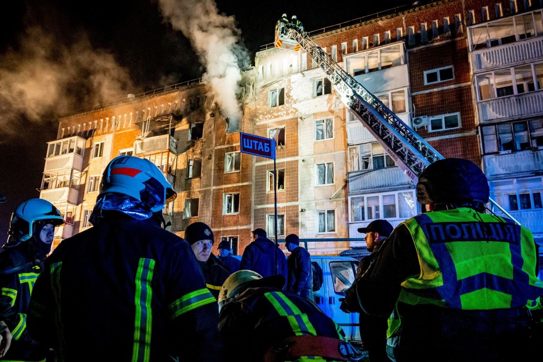 Firefighters respond to a Russian drone strike on an apartment building in Ternopil, Ukraine, on December 2.