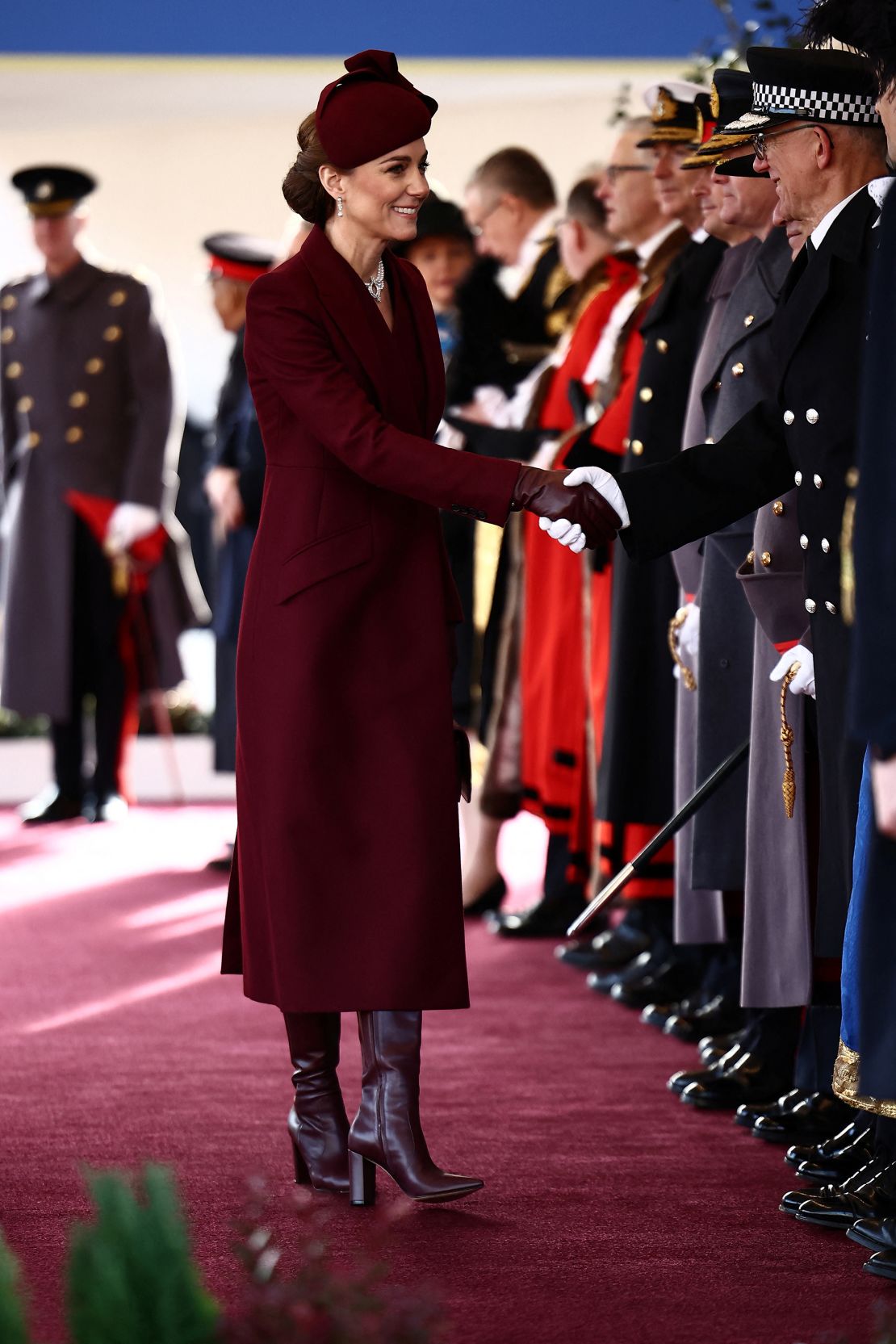 The Princess of Wales greets dignitaries as she arrives for the ceremonial welcome for the Emir of Qatar at Horse Guards Parade.