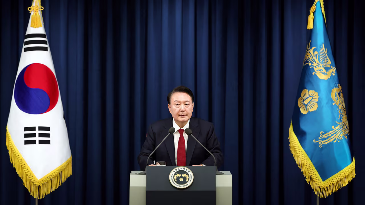 South Korean President Yoon Suk Yeol delivers a speech to declare martial law in Seoul, South Korea, on December 3.