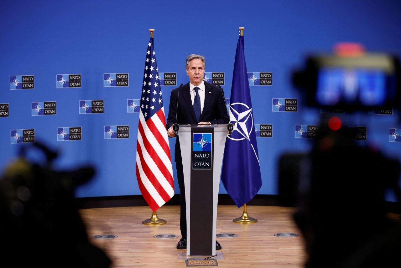 US Secretary of State Antony Blinken holds a press conference at the NATO headquarters in Brussels on Wednesday.