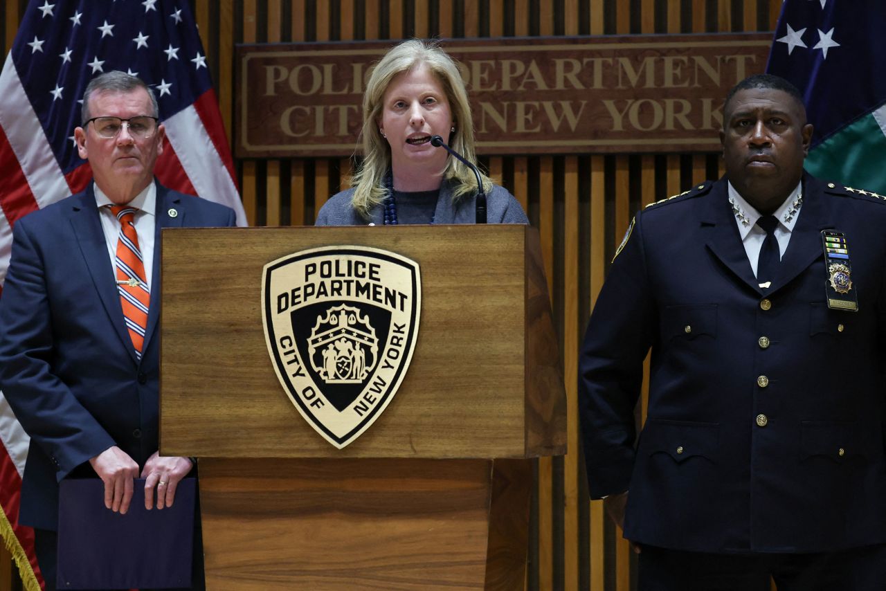 NYPD commissioner Jessica Tisch speaks during a press conference n New York on Wednesday.