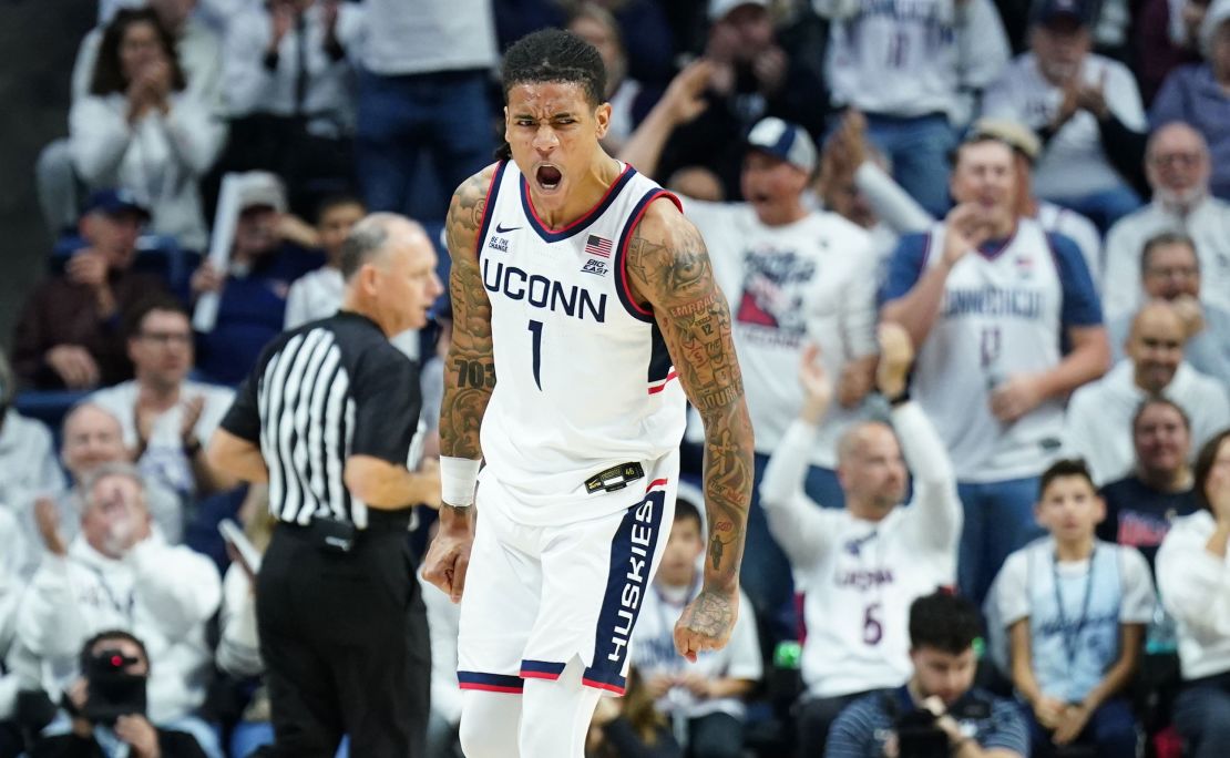 UConn Huskies guard Solo Ball reacts after his basket against the Baylor Bears at Gampel Pavilion.