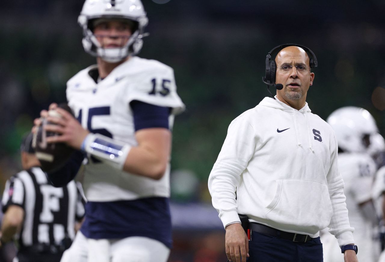 Penn State head coach James Franklin watches quarterback Drew Allar throw against Oregon during a game in Indianapolis on December 7.