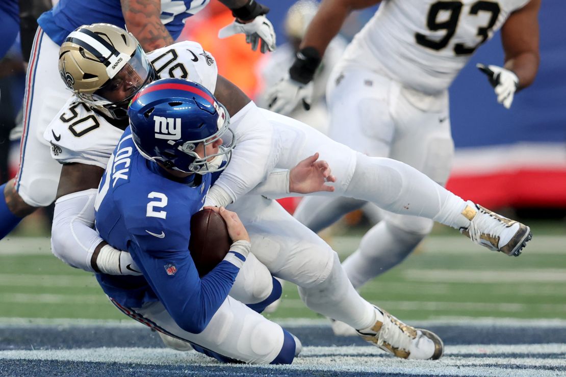 Over his six seasons in the NFL, Saunders (50) has 6.5 sacks and 69 solo tackles.