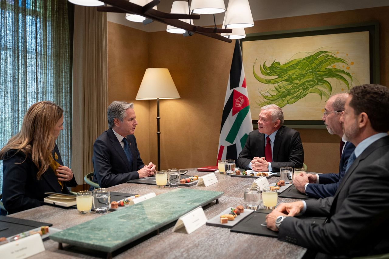 U.S. Secretary of State Antony Blinken, center left, meets with Jordan's King Abdullah in Aqaba, Jordan on December 12.