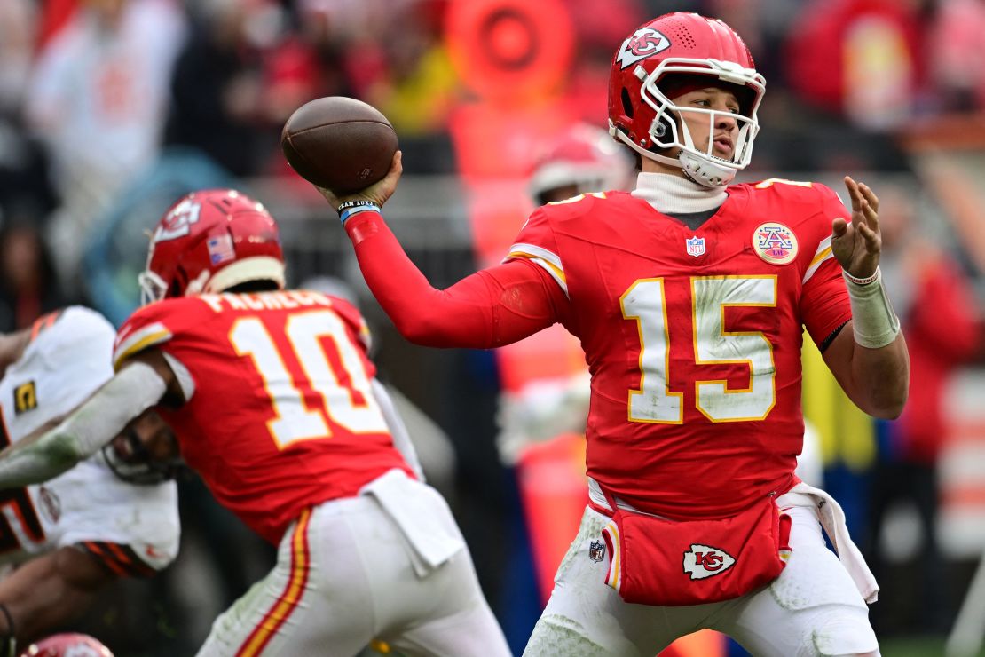 Dec 15, 2024; Cleveland, Ohio, USA; Kansas City Chiefs quarterback Patrick Mahomes (15) throws a pass against the Cleveland Browns during the second half at Huntington Bank Field. Mandatory attribution: Ken Blaze-Imagn Images