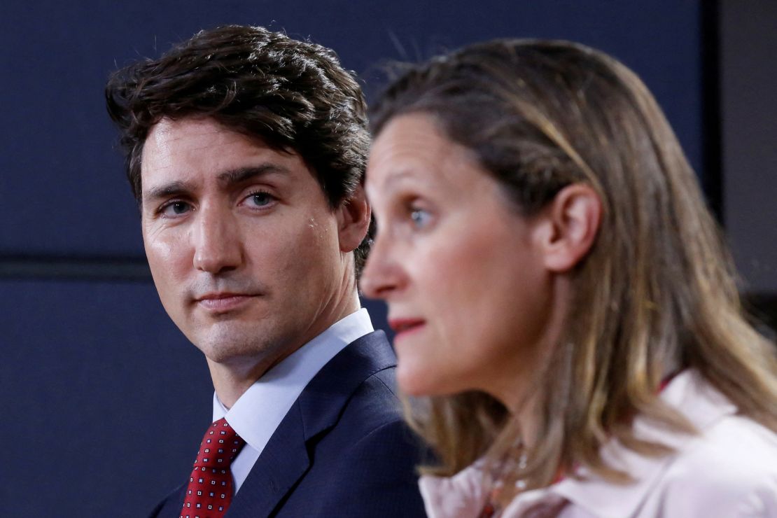 Justin Trudeau listens to Chrystia Freeland during a news conference in Ottawa, Ontario, Canada, on May 31, 2018.