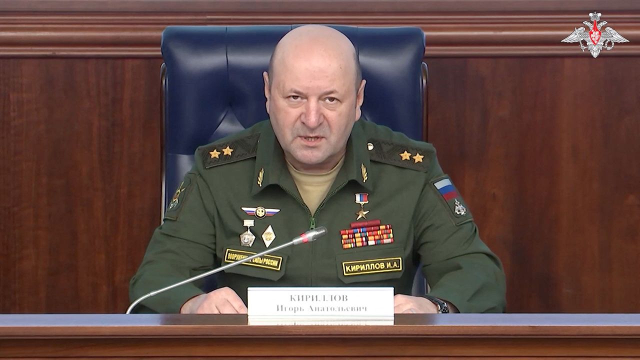 Lieutenant General Igor Kirillov, chief of Russia's Nuclear, Biological and Chemical Protection Troops, attends a press conference in Moscow, Russia, in this still image from video released November 5.