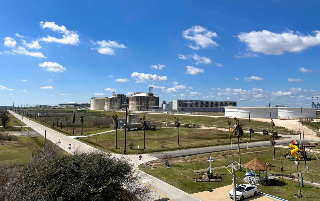 Storage tanks and gas-chilling units are seen at Freeport LNG, an LNG export facility in Texas, in February 2023.