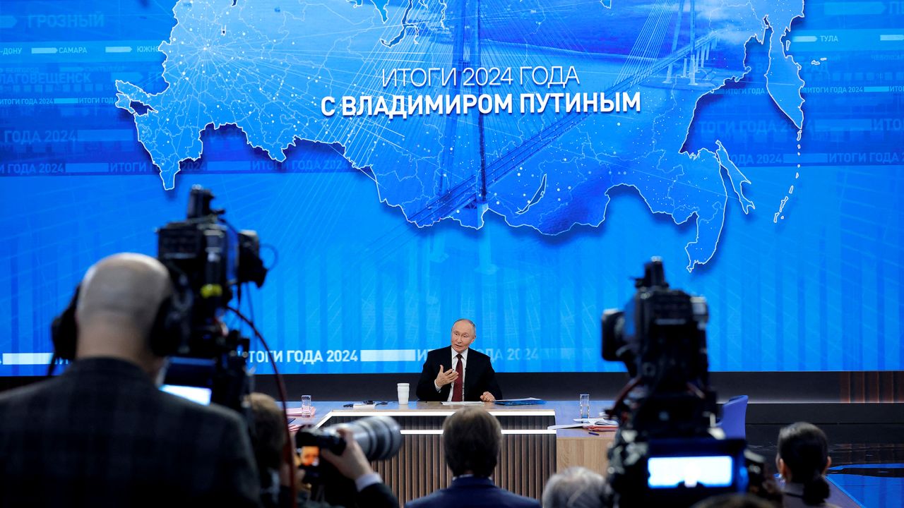 Russia's President Vladimir Putin speaks during his annual end-of-year press conference and phone-in, in Moscow, Russia December 19, 2024. REUTERS/Maxim Shemetov