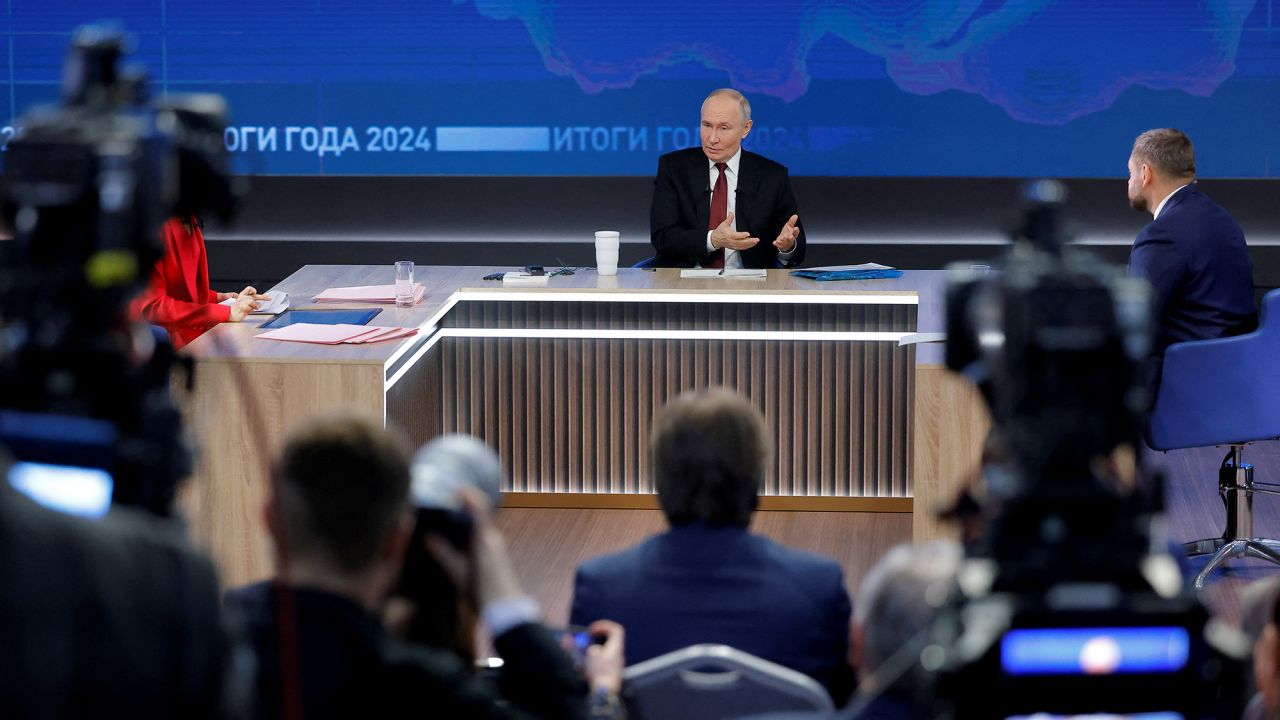 Russia's President Vladimir Putin speaks during his annual end-of-year press conference and phone-in, in Moscow, Russia December 19, 2024. REUTERS/Maxim Shemetov