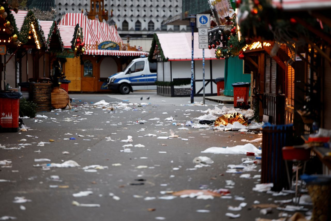 A police vehicle is seen at the Christmas market in Magdeburg on Saturday.