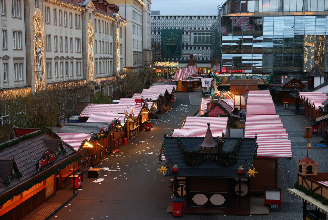 Closed stalls are seen at the Christmas market in Magdeburg, Germany, on December 21.