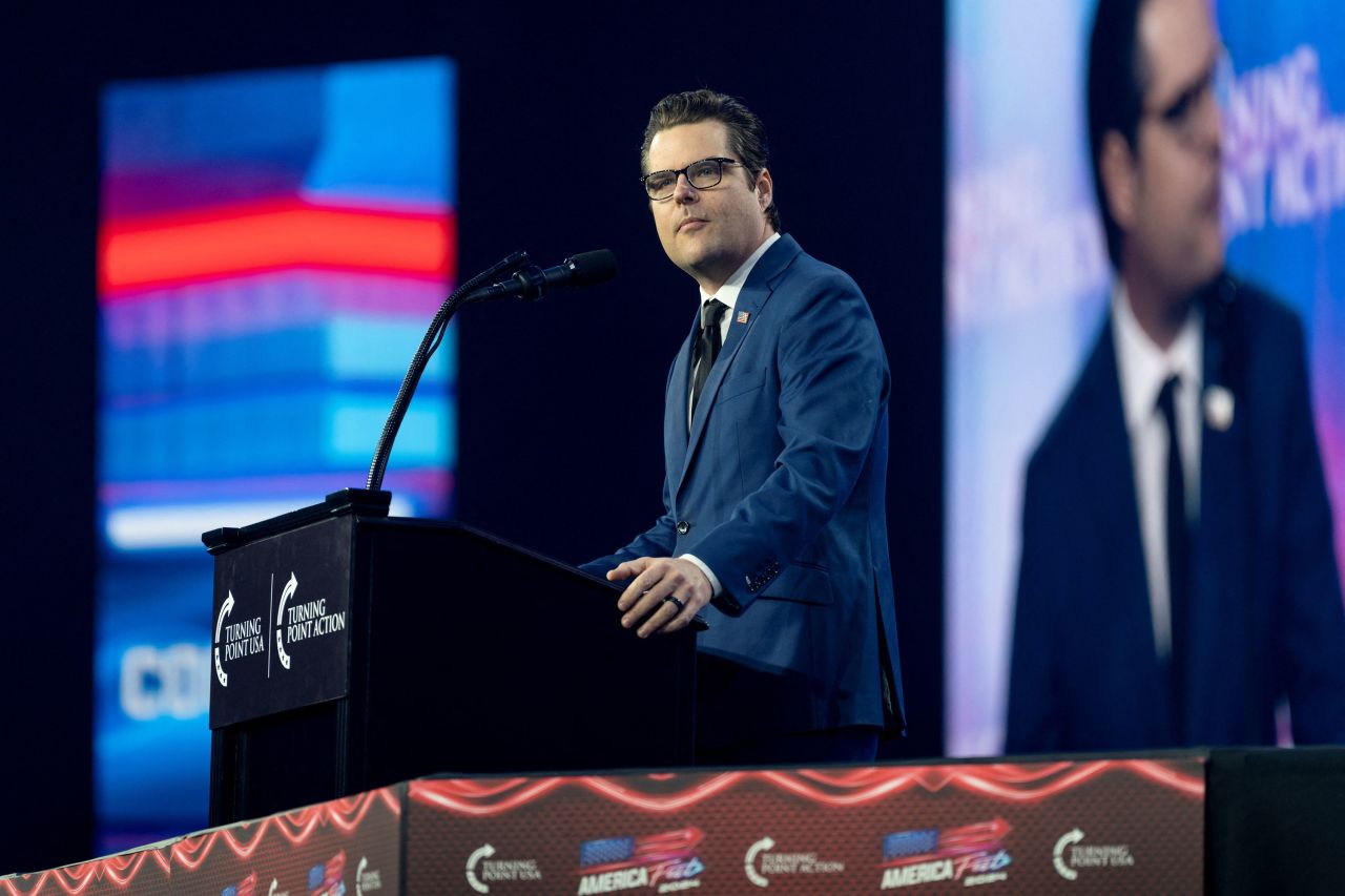 Former Rep. Matt Gaetz speaks at the AmericaFest 2024 conference sponsored by Turning Point in Phoenix on Sunday.