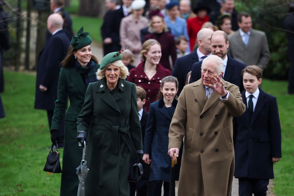 Britain's King Charles, Queen Camilla, Britain's William, Prince of Wales, Catherine, Princess of Wales, Prince George, Prince Louis and Princess Charlotte walk to attend the Royal Family's Christmas Day service at St. Mary Magdalene's church, as the Royals take residence at the Sandringham estate in eastern England, Britain December 25, 2024. REUTERS/Toby Melville