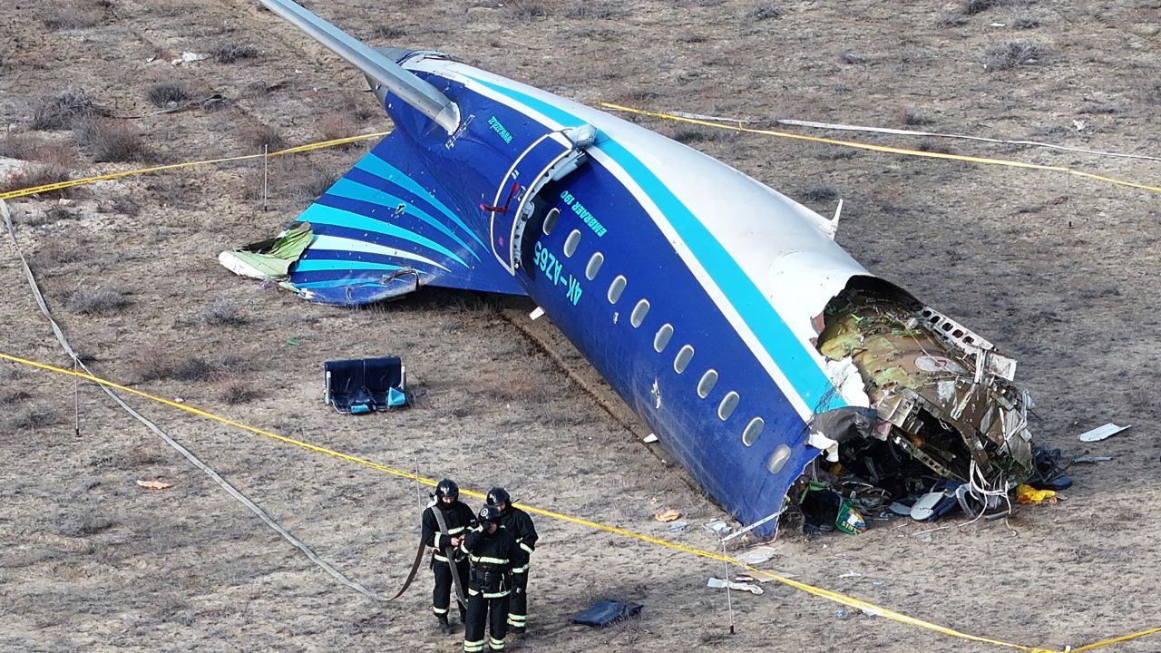 A drone view shows emergency specialists working at the crash site of an Azerbaijan Airlines passenger plane near the city of Aktau, Kazakhstan December 25, 2024. REUTERS/Azamat Sarsenbayev