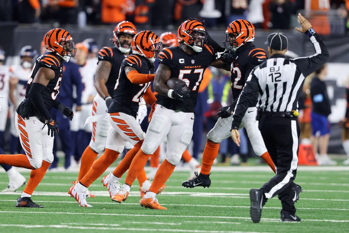 Dec 28, 2024; Cincinnati, Ohio, USA; Cincinnati Bengals linebacker Germaine Pratt (57) celebrates following his interception during the fourth quarter against the Denver Broncos at Paycor Stadium. Mandatory Credit: Joseph Maiorana-Imagn Images