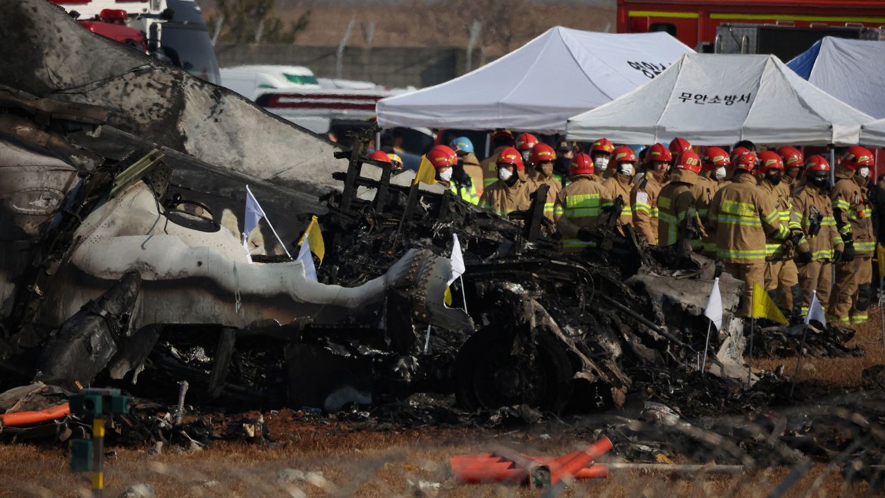 On December 29, 2024, a plane veered off the runway and crashed at Muan International Airport in Muan, South Korea. Rescue workers participate in rescue operations at the scene.