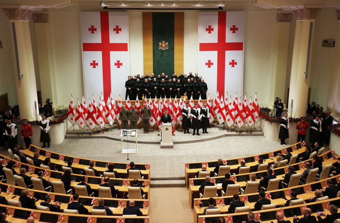 Georgia's new president, Mikheil Kavelashvili, speaks during his swearing-in ceremony at the parliament on December 29, 2024 in Tbilisi, Georgia.