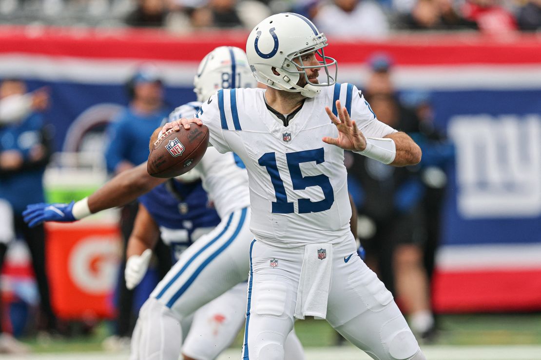 Dec 29, 2024; East Rutherford, New Jersey, USA; Indianapolis Colts quarterback Joe Flacco (15) throws a pass during the first half against the New York Giants at MetLife Stadium. Mandatory Credit: Vincent Carchietta-Imagn Images