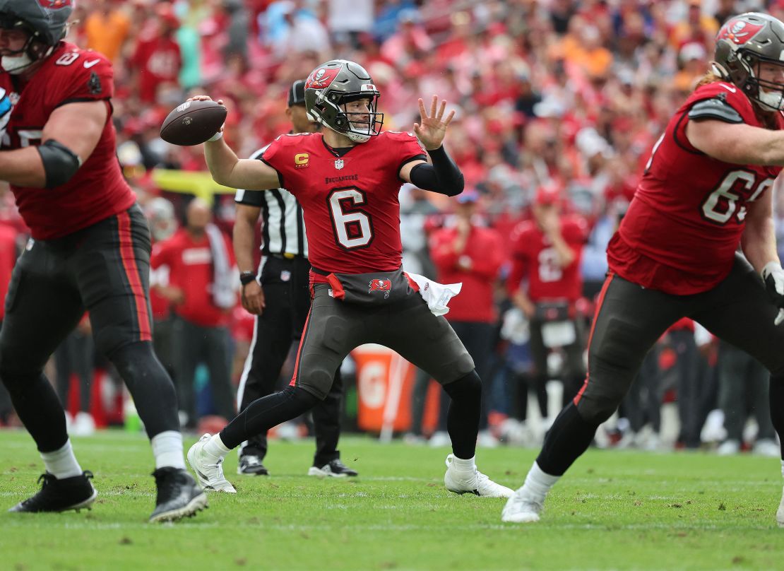 Dec 29, 2024; Tampa, Florida, USA; Tampa Bay Buccaneers quarterback Baker Mayfield (6) throws the ball against the Carolina Panthers during the second half at Raymond James Stadium. Mandatory Credit: Kim Klement Neitzel-Imagn Images