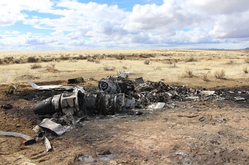 Wreckage of the Hawker 900XP business jet seen in February 2024 near Westwater, Utah.