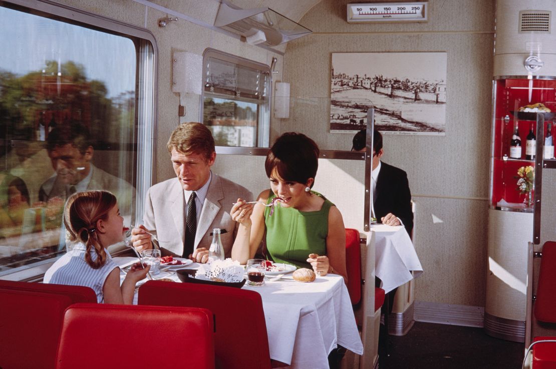 The dining car on Le Capitole, a French express train between Paris and Toulouse, in 1966