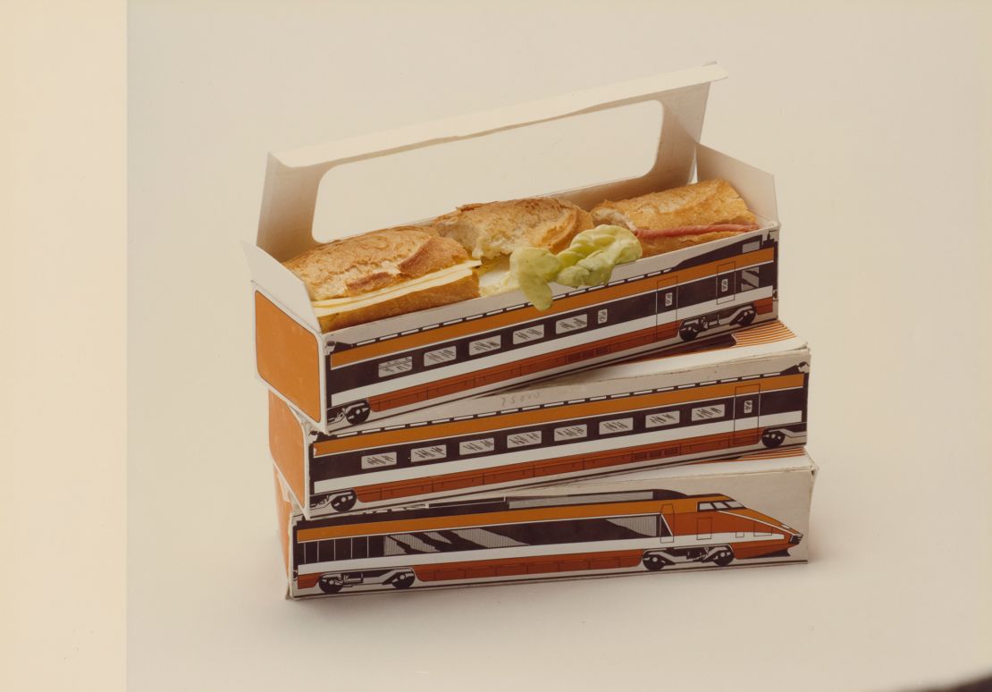 Sandwiches, such as this one sold on France's TGV trains in 1986, became an increasingly common offering on European railways from the 1970s.