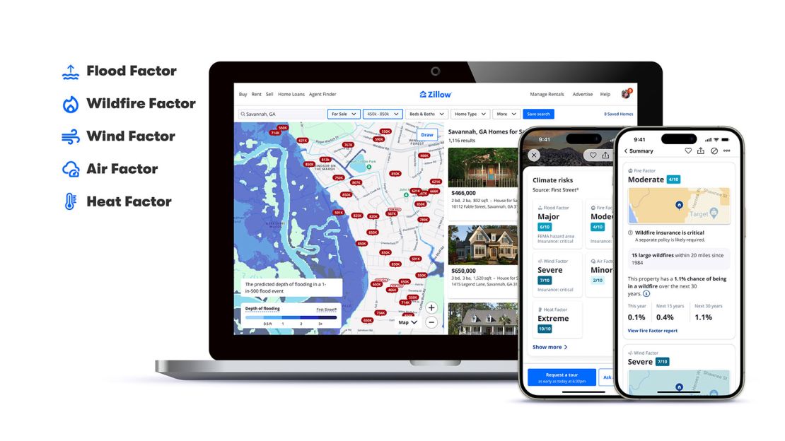 Zillow's new climate risk feature assesses risks across five climate-related categories. It also offers insurance recommendations.