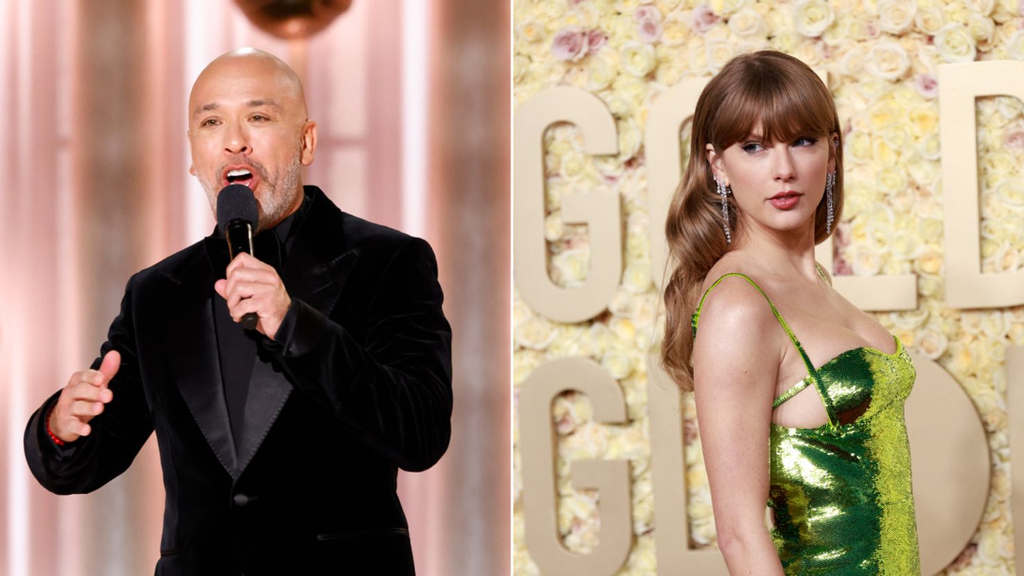Jo Koy (left) and Taylor Swift (right) at the 81st Annual Golden Globe Awards at The Beverly Hilton hotel in Beverly Hills, California, on January 7,