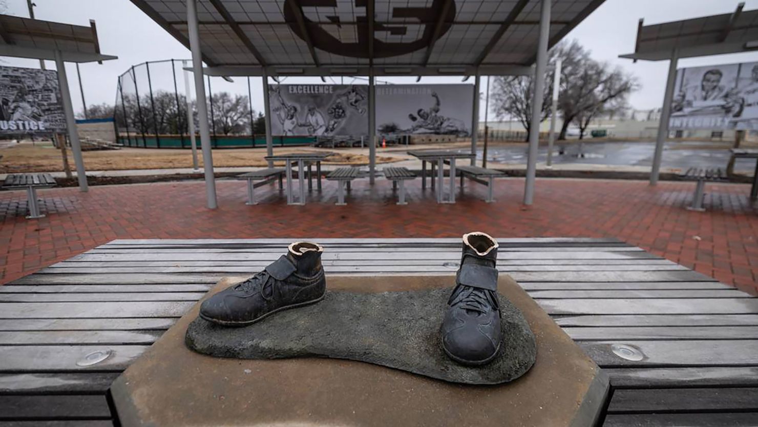 Only the feet remain after a statue of legendary baseball pioneer Jackie Robinson was stolen from the League 42 field in Wichita, Kansas.