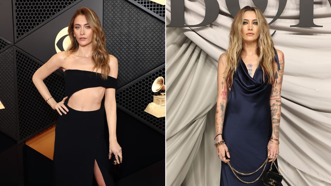 Paris Jackson was a blank canvas on the red carpet after her makeup artists spent two hours camouflaging her 80 tattoos, shown on the right.