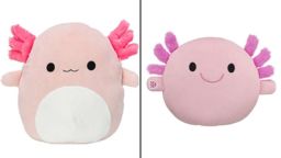 A split — with images from the Kelly Toys Holdings, LLC lawsuit — shows a Squishmallows product, left, and a Skoosherz product.