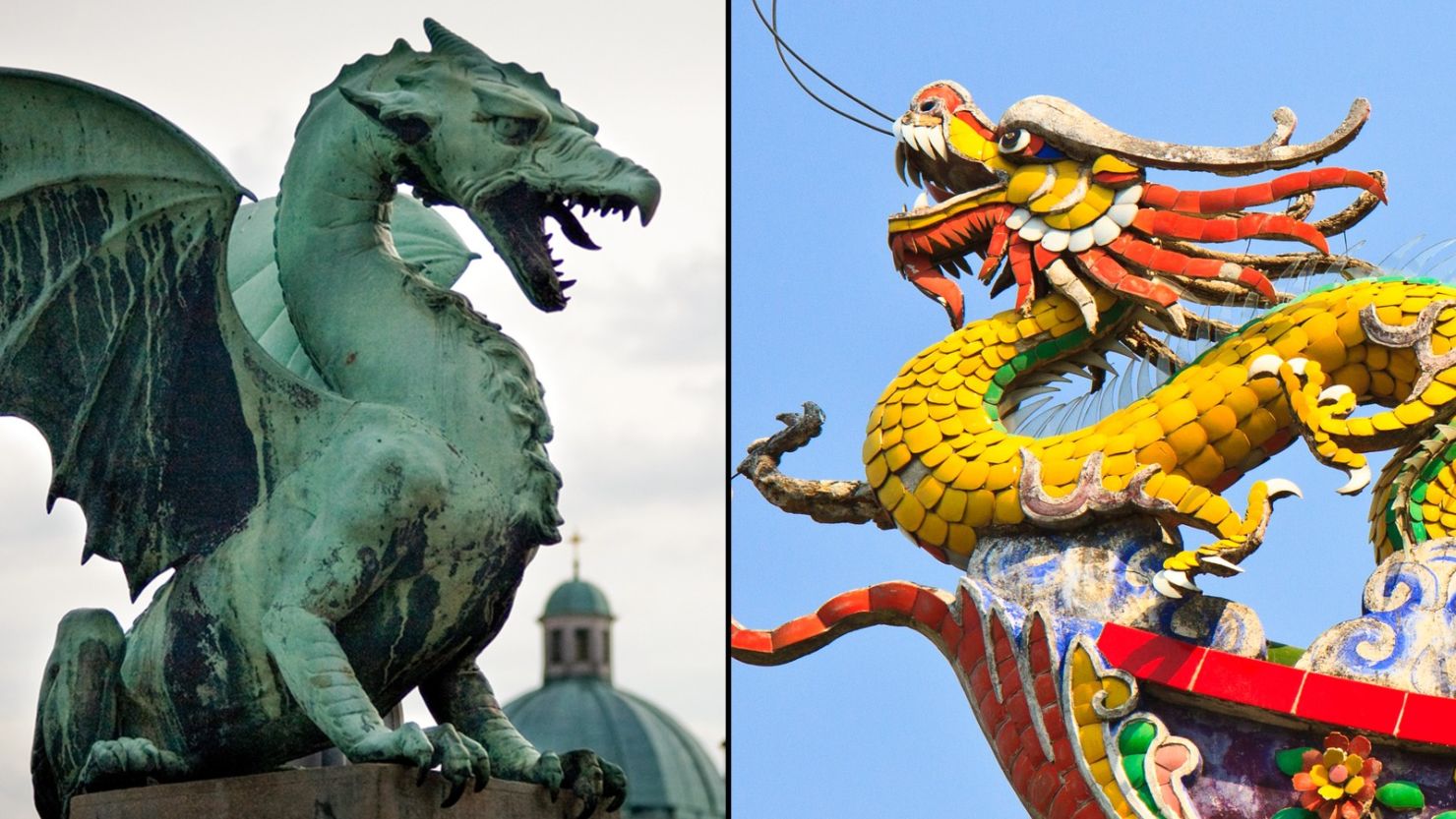 A dragon statue in Ljubljana, Slovenia, (left) and a golden Chinese dragon, or loong. The former was first portrayed a monster but was transformed into a symbolic protector of the city.