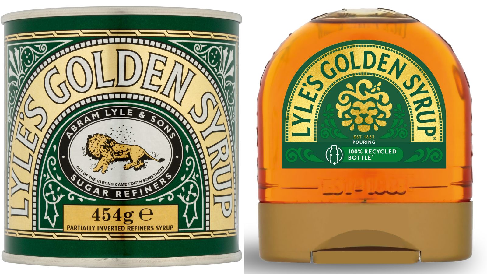 The original and new packaging and logo on Lyle's Golden Syrup. The product's canned varieties of syrup will retain the original logo.
