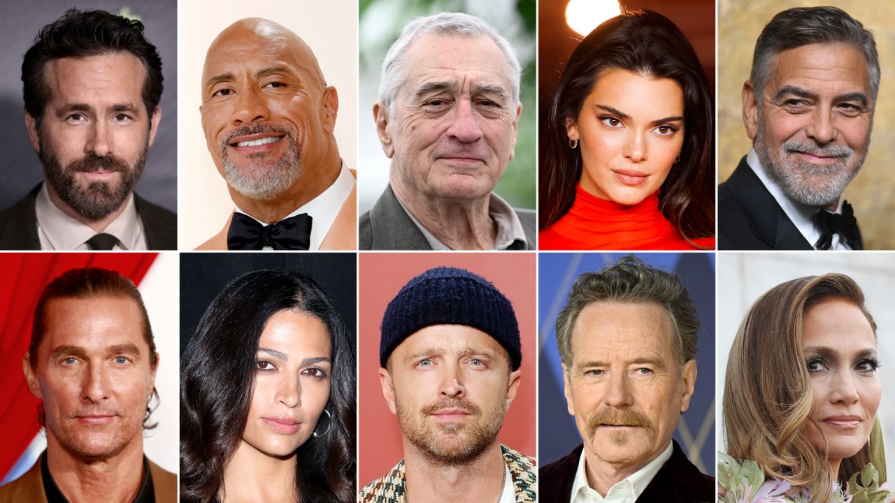 From left to right, clockwise: Ryan Reynolds, Dwayne "The Rock" Johnson, Robert De Niro, Kendall Jenner, George Clooney, Jennifer Lopez, Bryan Cranston, Aaron Paul, Camila Alves McConaughey, Matthew McConaughey.