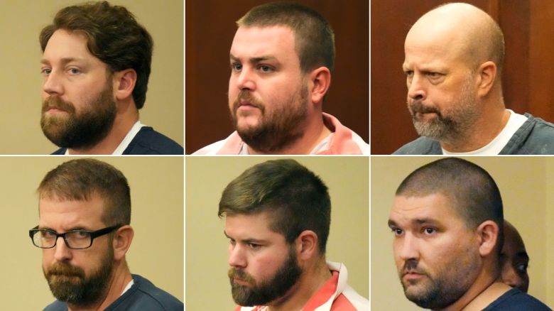 This combination of photos shows, from top left, former Rankin County sheriff's deputies Hunter Elward, Christian Dedmon, Brett McAlpin, Jeffrey Middleton, Daniel Opdyke and former Richland police officer Joshua Hartfield appearing at the Rankin County Circuit Court in Brandon, Miss., Aug. 14, 2023.