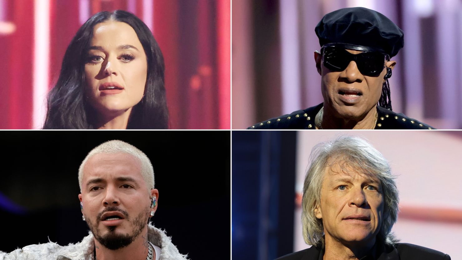 Left to right, clockwise: Katy Perry, Stevie Wonder, Jon Bon Jovi, J Balvin.