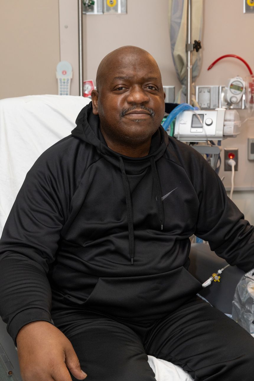Rick Slayman, the world's first living recipient of a genetically edited pig kidney transplant, in his hospital room at Massachusetts General Hospital in April 2024.