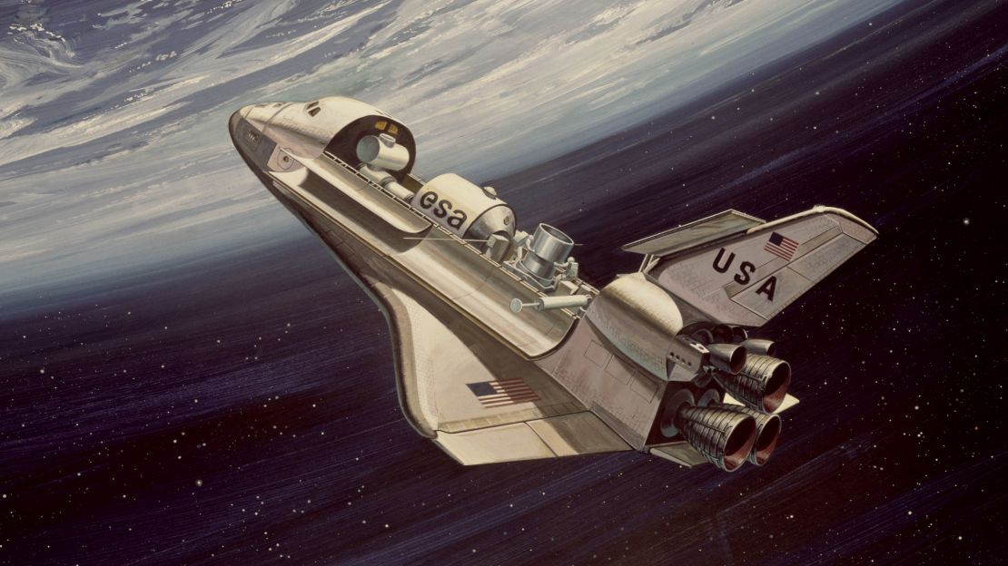 An artist’s rendering from the late 1970s shows how NASA’s space shuttle would look on a joint mission with the European Space Agency.