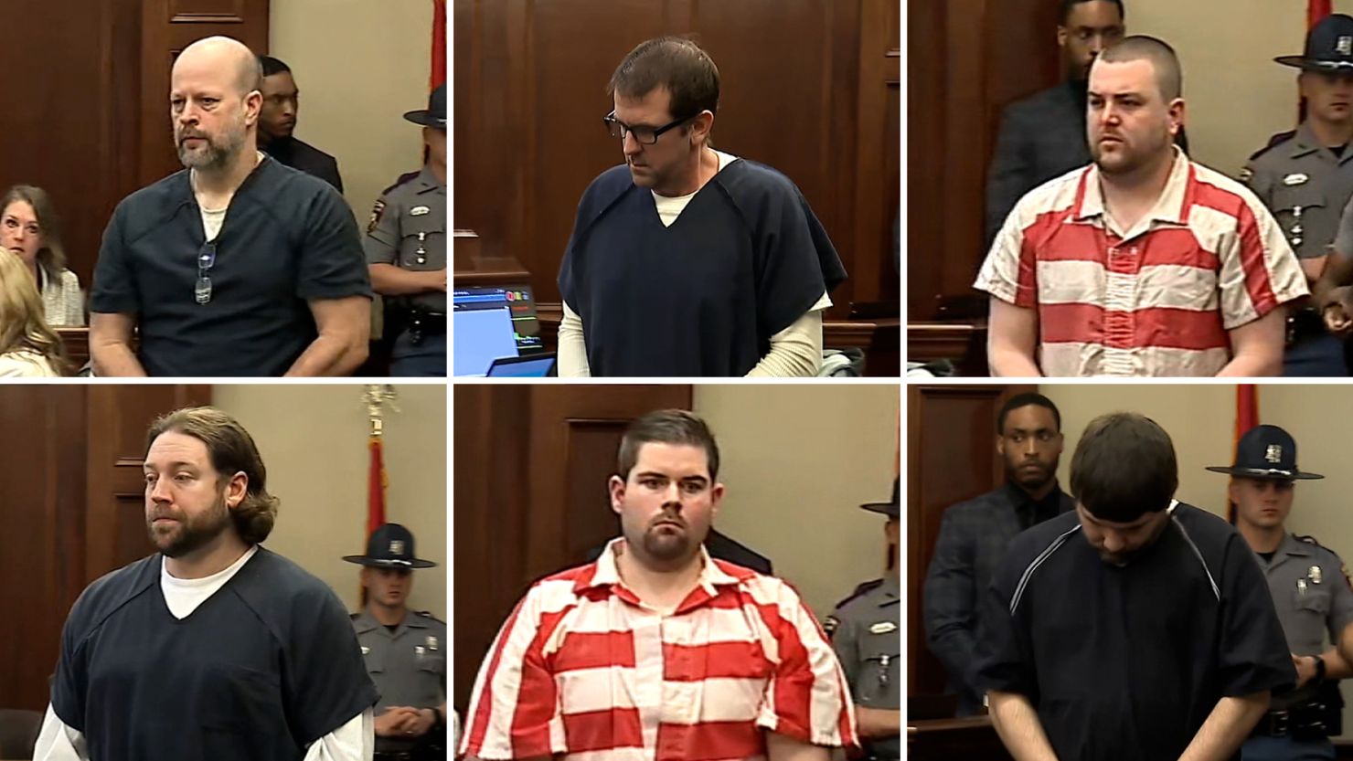 From top left, Brett McAlpin, Jeffrey Middleton and Christian Dedmon; from bottom left, Hunter Elward, Daniel Opdyke and Joshua Hartfield, who all pleaded guilty to the sexual assault and kidnapping of two innocent Black men and are serving concurrent state and federal prison sentences.