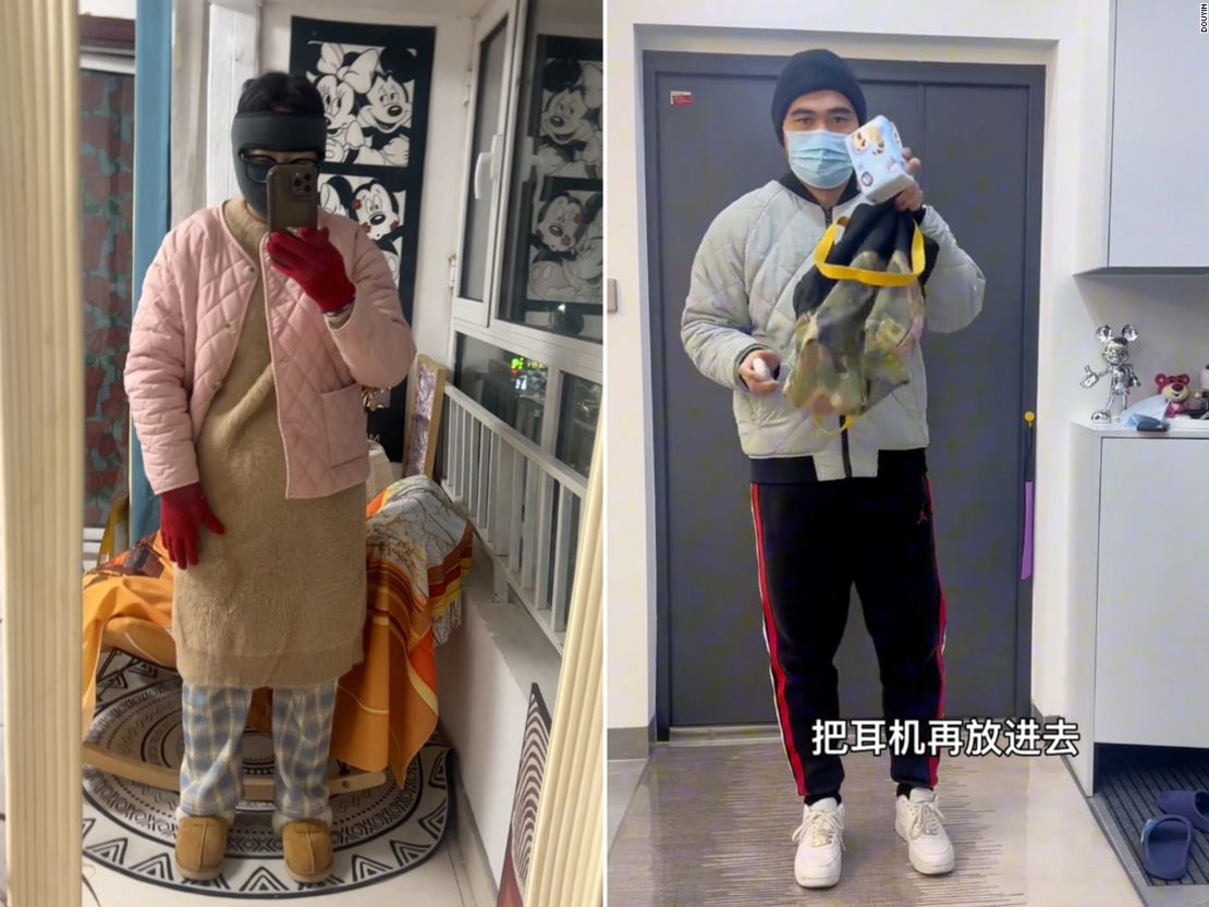 Kendou S (left) paired a quilted pink jacket with a beige dress, flannel pajama pants and fur-lined boots. Another participant of the trend shows where he stores his earphones.