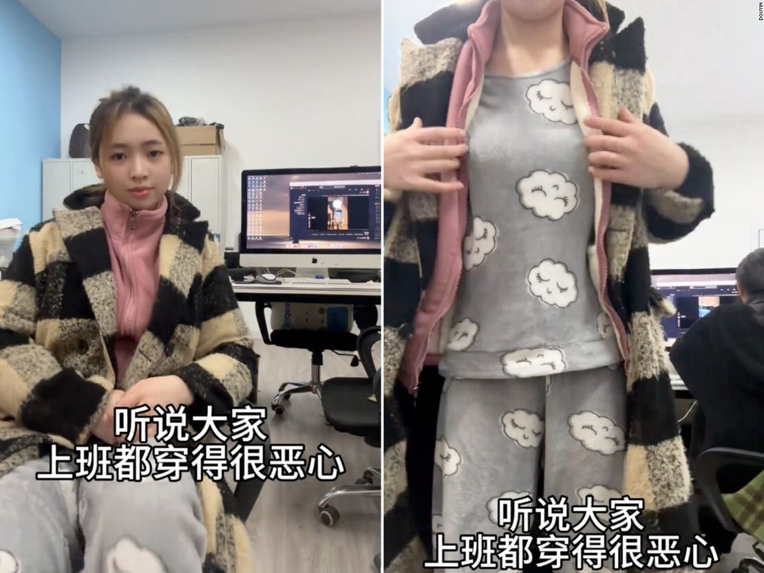 A woman embraces the trend at her workplace. In her video, she reveals the many layers of her look, including gray pajamas.