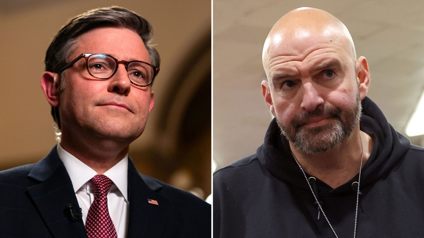 Republican House Speaker Mike Johnson is pictured on the left, with Democratic Sen. John Fetterman of Pennsylvania on the right.