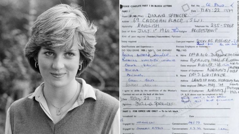 A job contract believed to be Princess Diana’s first, and filled out when she was just seventeen, is set to sell for thousands of pounds at auction in Bristol. The contract from Solve Your Problem Ltd – an agency offering nannies to the rich and famous – was completed by Diana in May 1979.