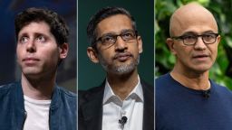 OpenAI CEO Sam Altman, left, Google CEO Sundar Pichai and Microsoft CEO Satya Nadella.