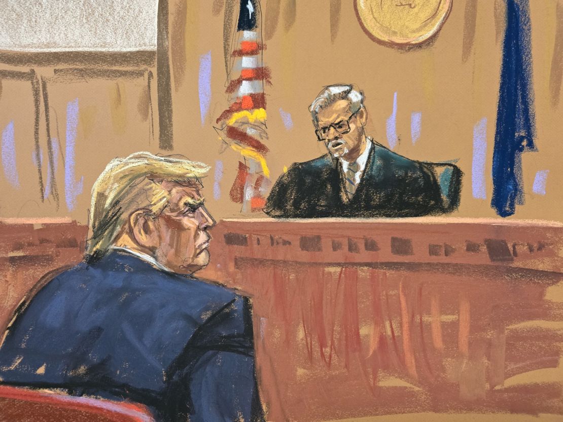 In a courtroom sketch, Judge Juan Merchan rules Monday that former President Donald Trump violated the gag order in the hush money trial for comments about the makeup of the jury.